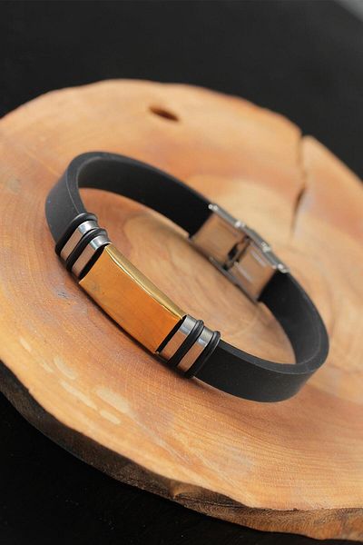 TUA MODA Tua Moda Black Color Leather Men's Bracelet with Gold Color Metal Accessories