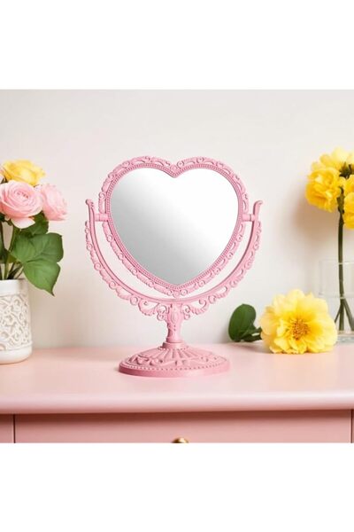 Generic مرآة مكياج بتصميم قلب وردي من Sweet Seven - ذات وجهين، ديكور عتيق للم...