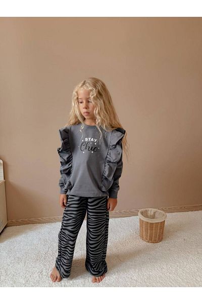 YİGİT BUTİK Printed Long Sleeve Girl's Bottom Top Set