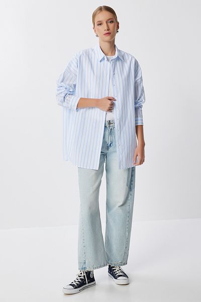 Lovelyİstanbul Striped Oversize Woven Shirt Lfg0136 Blue White