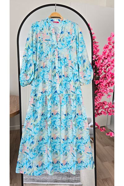 PREMİER VİE Testture Lilyum Fabric Blue Flowered Summer Dress