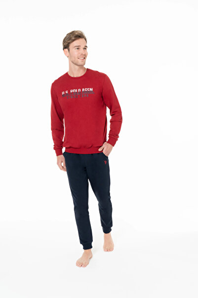 U.S. Polo Assn. Erkek Pijama Takımı, Pamuklu, Bisiklet Yaka, Uzun Kollu, Cepli, Kolları ve Paçası Lastikli