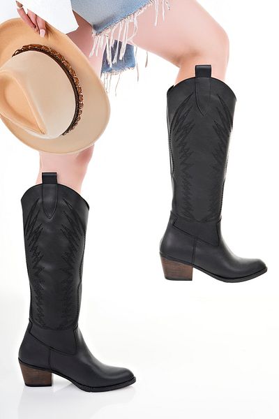 Lölük Moda Women's Black Faux Leather Embroidered Cowboy Cowgirl Boots