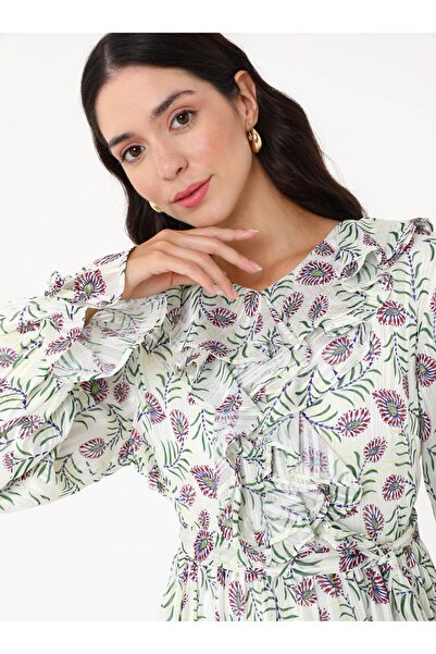 Refka Glitter Chiffon Hijab Dress with Ruffle Detail at the Collar - Patterned -