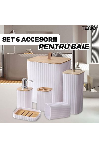 Teno Set of 6 Teno® Bathroom Accessories, soap dispenser, toothbrush holder, toilet brush, white