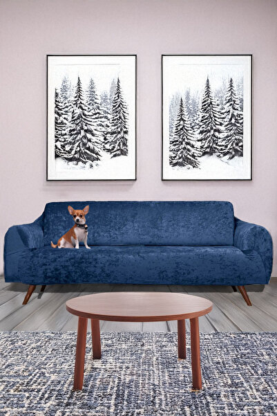 sabirehome Navy Blue Color Velvet 3 Seater/3 Seater Sofa Cover Stretch Elasti...