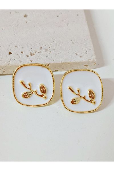 mos&more White Enamel Gold Square Earrings