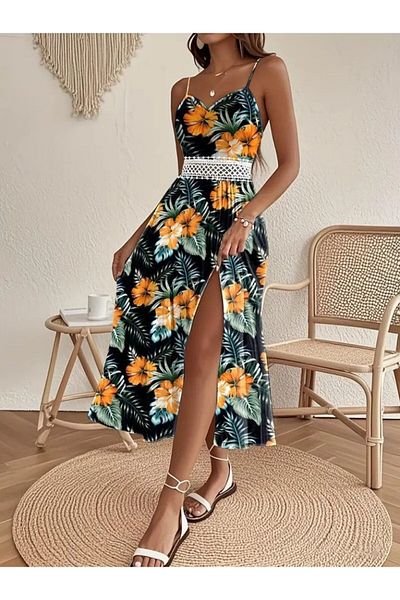 Viyamo New Season Women's Summer Rope Strap V-Neck Waist Guipure Detail Floral Patterned Side Slit Dress