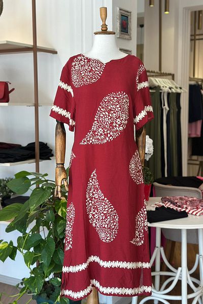 Unique Boutique Burgundy Patterned Short Sleeve Cotton Viscose Fabric Plus Size Dress