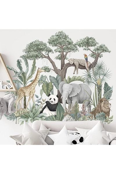 Generic NALACAL Cartoon Tropical Rainforest Animals Green Plants Wall Stickers, Jungle Giraffe Elephant Pan