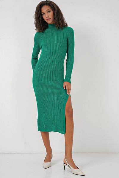 Merterium Women's Slit Knitwear Dress Green 1128