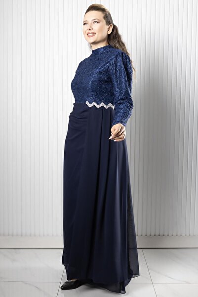 SUBU TASARIM Lace Chiffon Evening Dress Navy Blue Tbs958