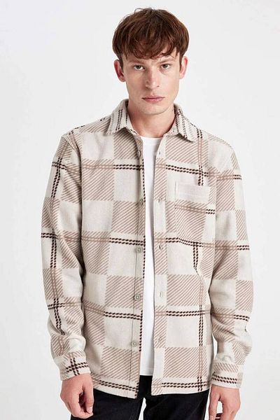DeFacto Regular Fit Checked Fleece Long Sleeve Stone Men's Shirt V2767Az/Bg702