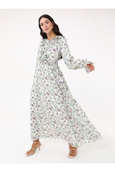 Refka Glitter Chiffon Hijab Dress with Ruffle Detail at the Collar - Patterned -