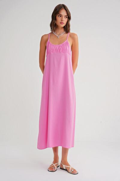 Mixray 4742 Women's Rope Strap Gathered Detailed Midi Dress Pink