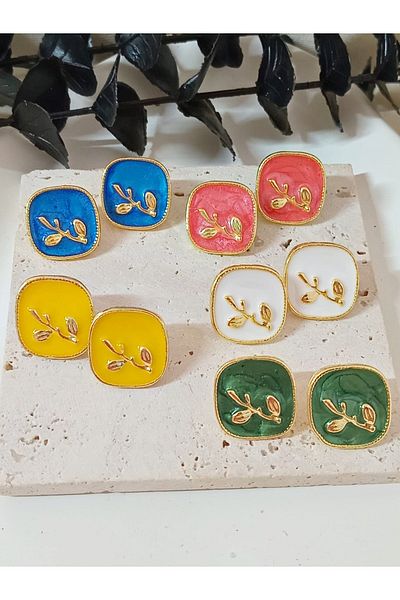 mos&more 5 Pairs / Colors Enamel Gold Square Earring Set
