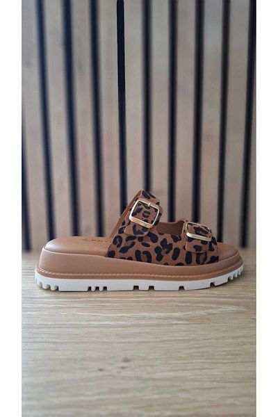 POTEEN Ptc Meloni Women's Genuine Leather Lightweight Anatomical Buckle Detailed Slippers - Leopard