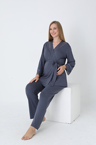 Miss Dünya Lissa Pregnant and Maternity Pajamas Set with Front Tie and Lace Detail