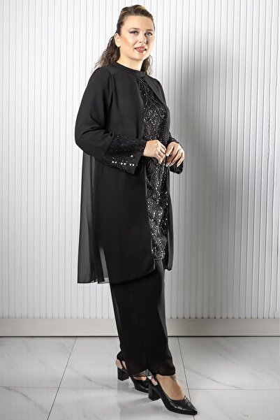Fahima Stone Sequin Embroidered Chiffon Pant Tunic Suit Black Fhm966