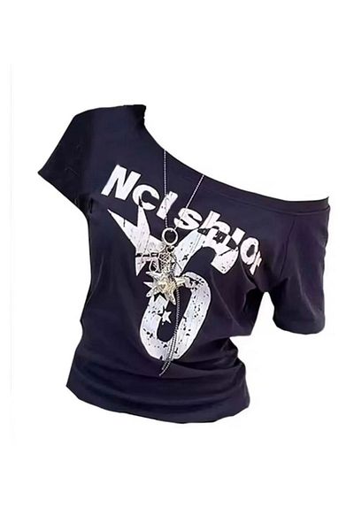 Machetta Off Shoulder Boat Neck Detail All Star No 6 Printed 100% Cotton Tshirt