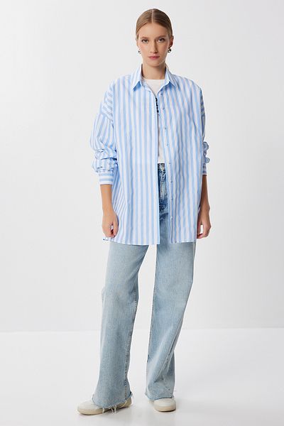 Lovelyİstanbul Striped Oversize Poplin Shirt Lfg0145 Blue White