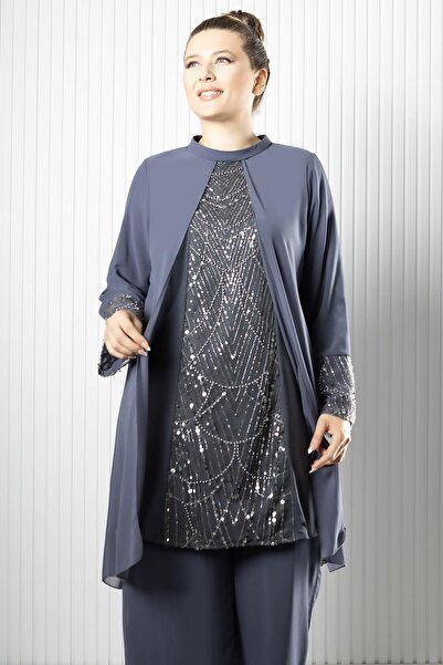 Fahima Stone Sequin Embroidered Chiffon Pant Tunic Suit Gray Fhm966