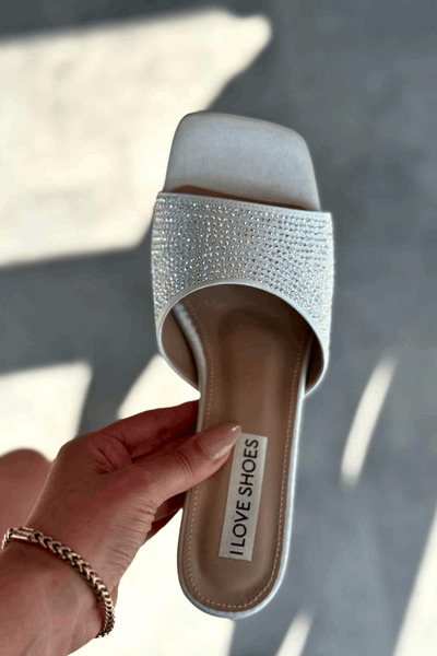 I Love Shoes Norma Satin Silver Stone Detailed Thick Heeled Slippers