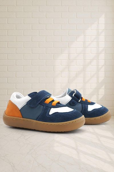Rakerplus Bob Genuine Leather Navy Blue White Barefoot Velcro Elastic Baby Sneaker Shoes