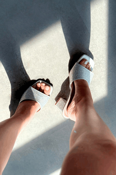 I Love Shoes Norma Satin Silver Stone Detailed Thick Heeled Slippers