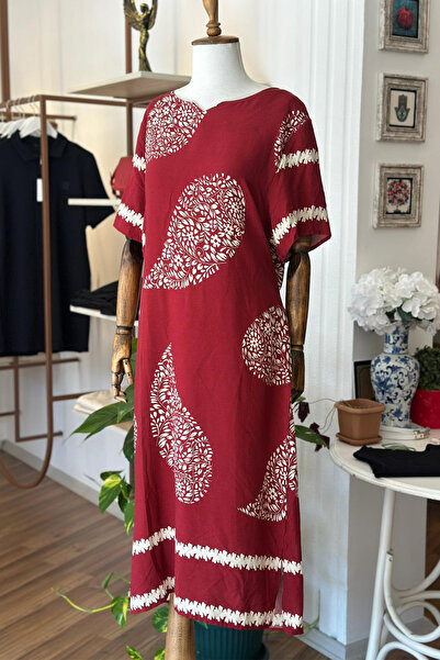 Unique Boutique Bordo Desenli Kısa Kol Pamuklu Viskon Kumaş Büyük Beden Elbise