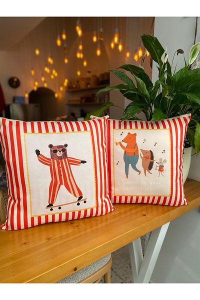 RahanDesign Children's Room Red Striped Decorative Set of 2 Throw Pillow Cases - Suede Throw Pillow Case Set - 43X43Cm