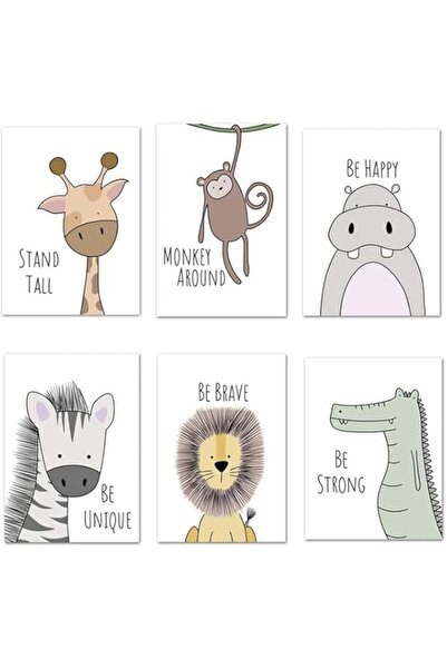 Generic مجموعة من 6 صور ديكور لغرفة الأطفال برسومات حيوانات سفاري - ملصق لغرف...