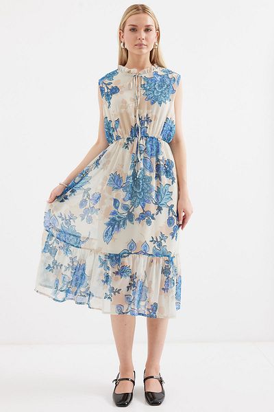 Merterium Women's Patterned Zero Sleeve Chiffon Dress Blue 1129