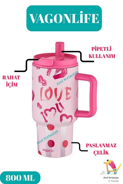 Vagonlife Vacuum 800 ml Stainless Steel Thermoses with Straw & Comfortable Drinking