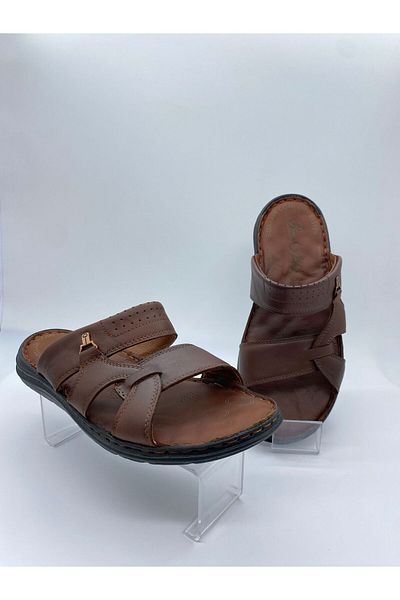 BURAK ALDAY SHOES Men's Genuine Leather Massage Sole Brown Slippers