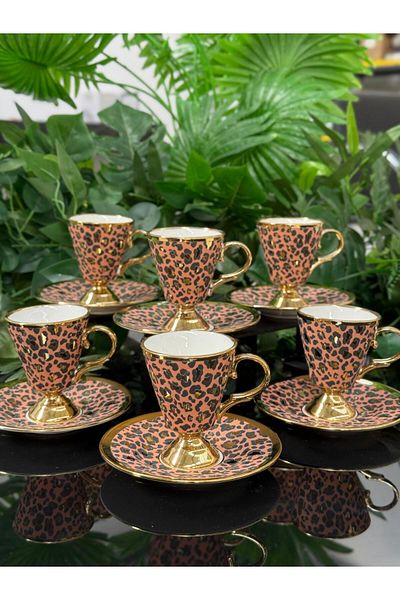 GONCAEV Coffee Cup Set of 6 Brown Leopard Pattern Cup Set