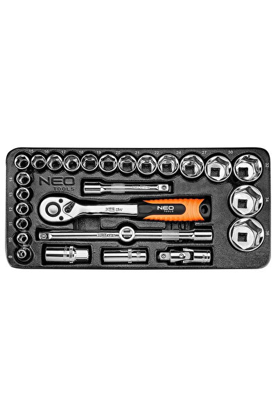 NEO Set capete tubulare scurte cu clichet, pentru dulap mobil, 1/2", 8-36 mm, 27 piese,