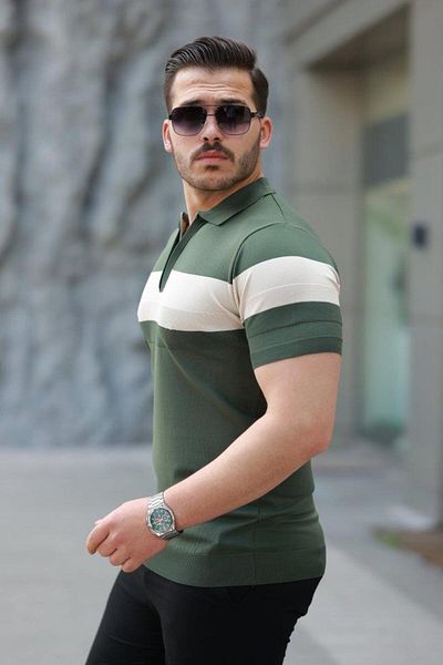 Aymood Men's Zipper Collar Stripe Color Pattern Short Sleeve T-Shirt