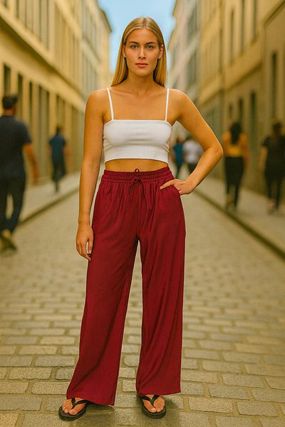 COMBİNE MİCHAİL Pantaloni de damă cu picioare largi și talie elastică bordeaux