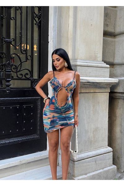 MY DEPO Strappy Ruffled Low-Cut Patterned Tulle Mini Dress