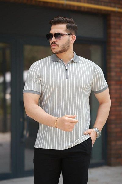 Aymood Men's Striped Zipper Collar Short Sleeve T-Shirt