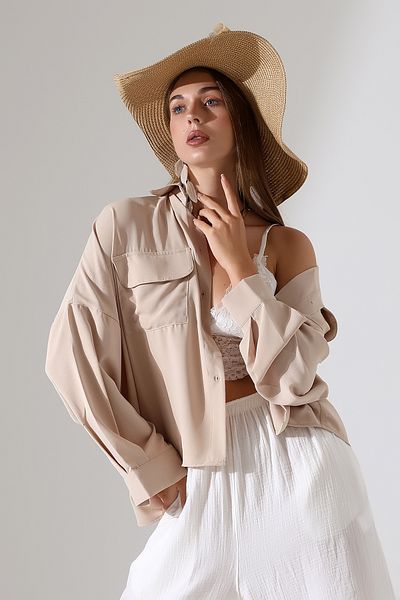 Dreamlike Oversize Beige Moroccan Shirt – Loose Fit with Covered Pockets