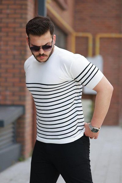 Aymood Men's Line Patterned Crew Neck Short Sleeve T-Shirt