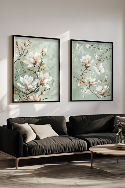 STARYUNA Set de pictură dublă cu cadru negru cu fluture cu flori de magnolie ...