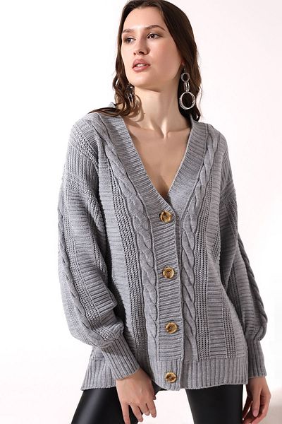 Dreamlike Women's Light Gray Hair Braided Balloon Sleeve Casual Knitwear Cardigan