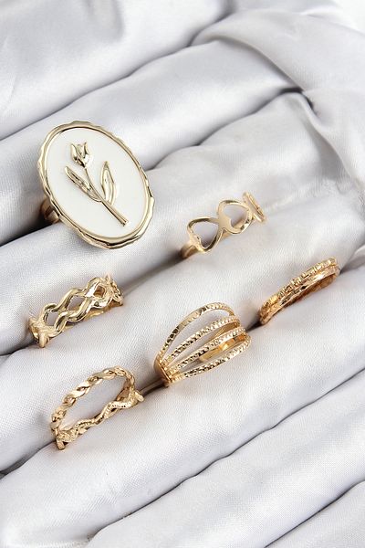 Kanonik Education Brass Zircon Stone Tulip Model Gold Color Women's Ring Combination Set