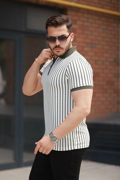 Aymood Men's Striped Zipper Collar Short Sleeve T-Shirt