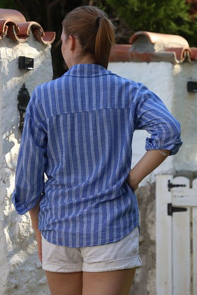 Chiccy Blue Shirt Collar Long Sleeve Striped Button Washed Casual Woven Shirt 70 56