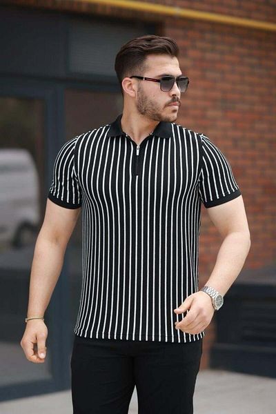 Aymood Men's Striped Zipper Collar Short Sleeve T-Shirt