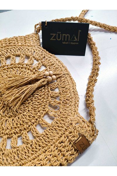 zümal tekstil tasarım Design Hand Knitted Paper Rope Oval Baguette Tasseled Shoulder Bag (Color Straw)